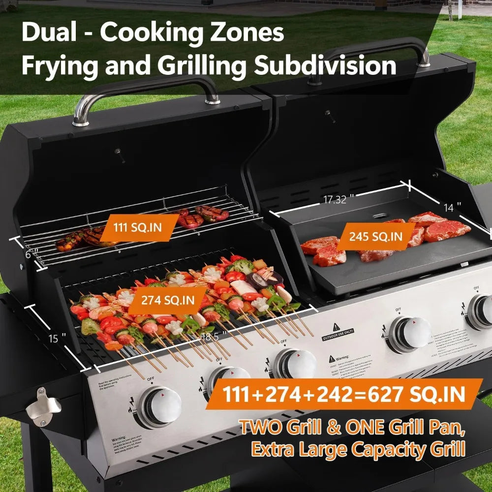 5 Burner Propane Gas Grill Griddle Combo Dual Zone BBQ