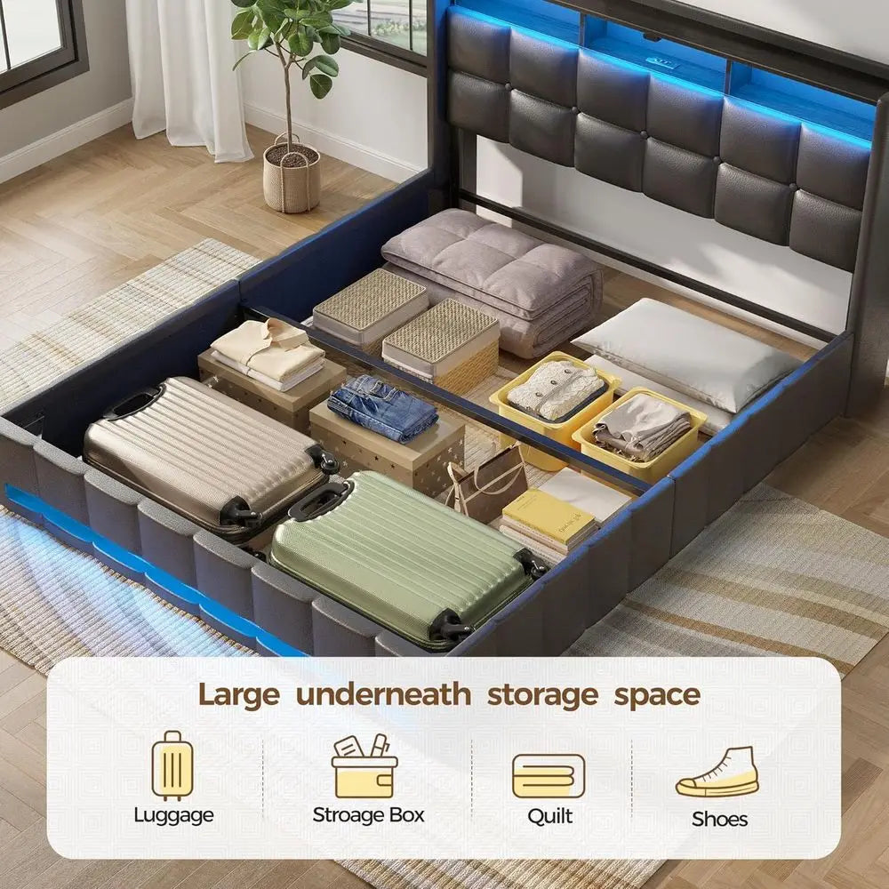 Twin Bed With Illuminated Storage And USB Charging Headboard