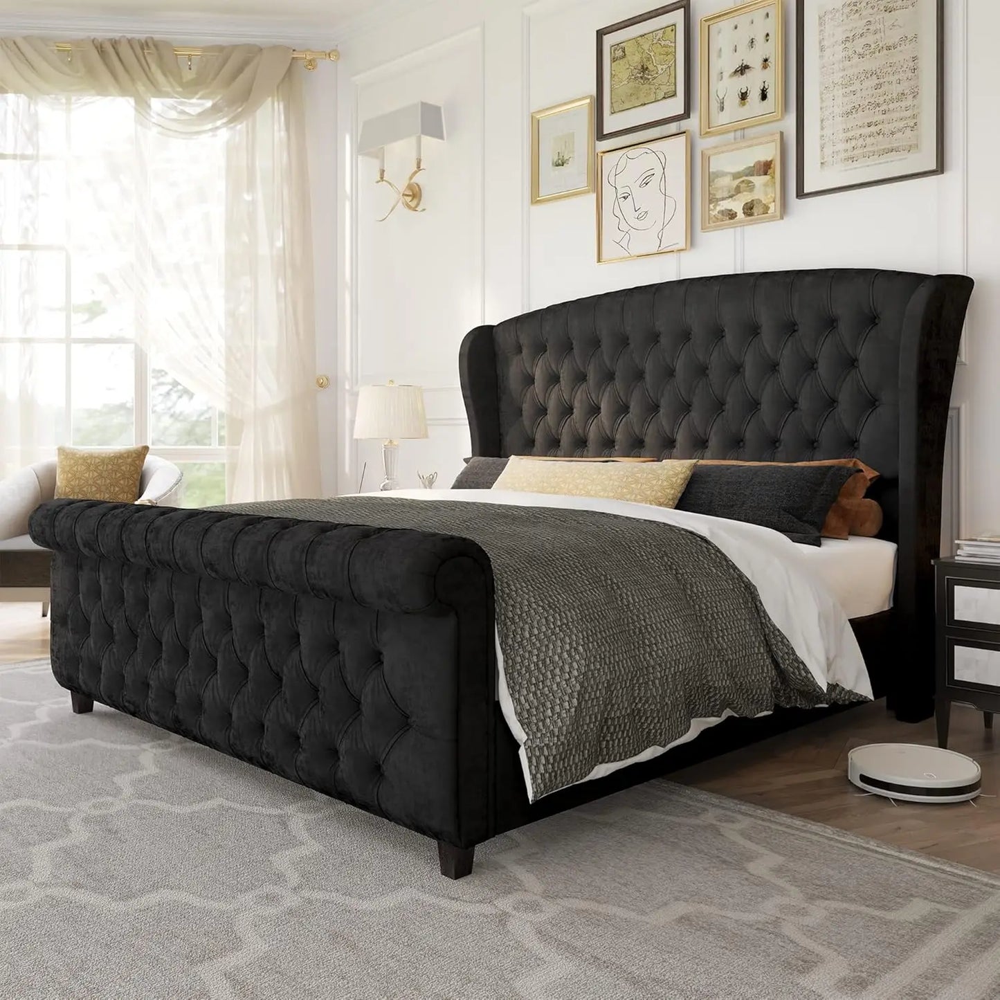 Platform Bed Frame Chenille Upholstered Sleigh With Button Tufted Headboard