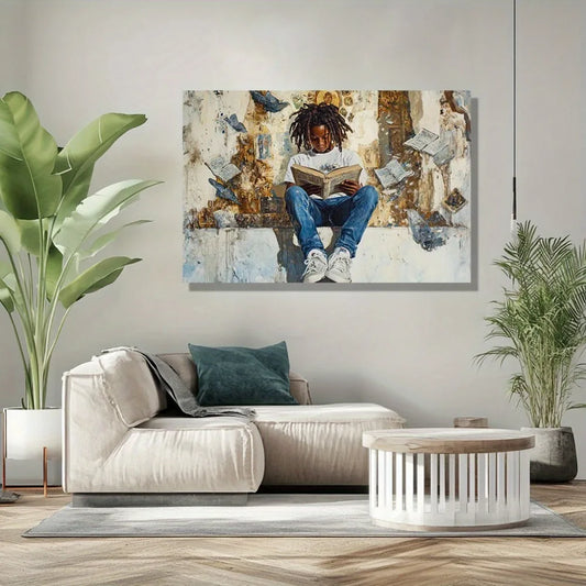 Hign Concerned African Boy Reading Sketch Wall Art Print