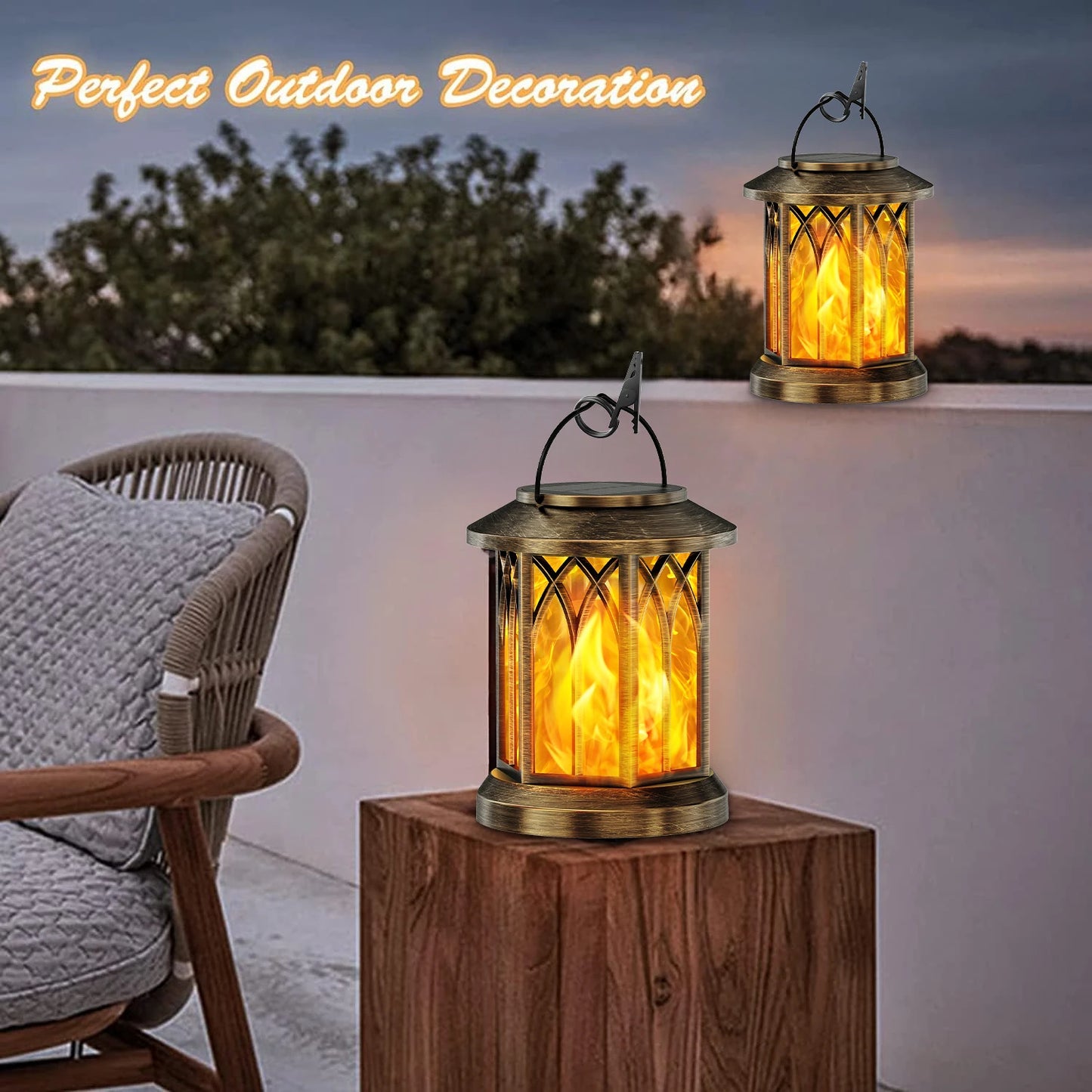 KPSTEK 2 Pack Flickering Flame Solar Lanterns Outdoor