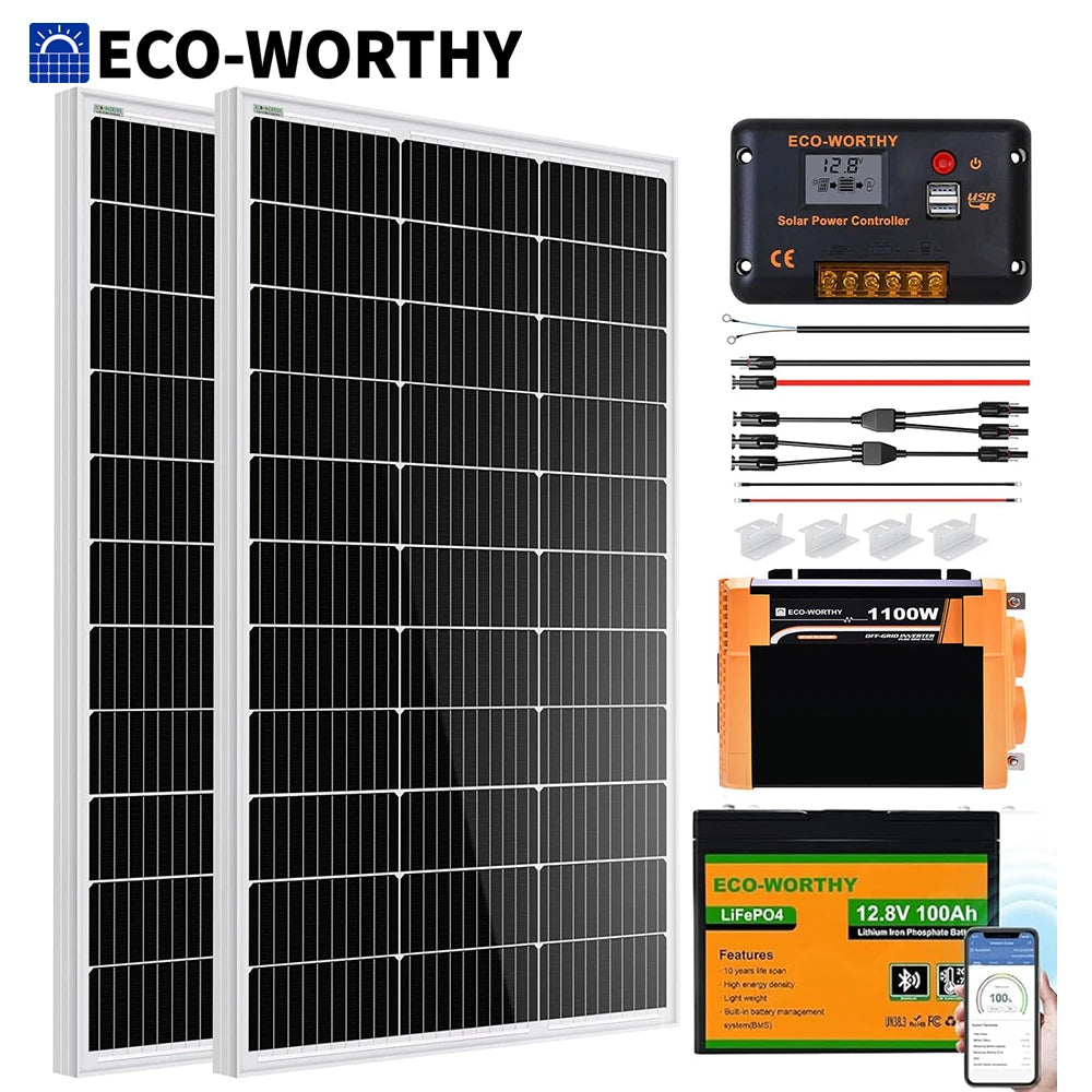 ECO-WORTHY 200W Solar Panel Kit 2x100W With 1100W Inverter