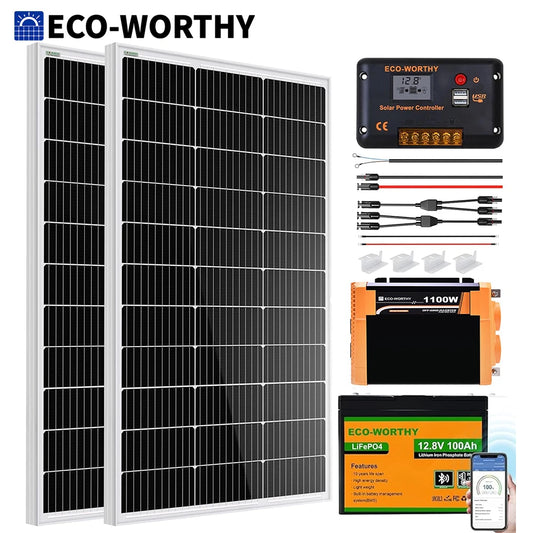 ECO-WORTHY 200W Solar Panel Kit 2x100W With 1100W Inverter