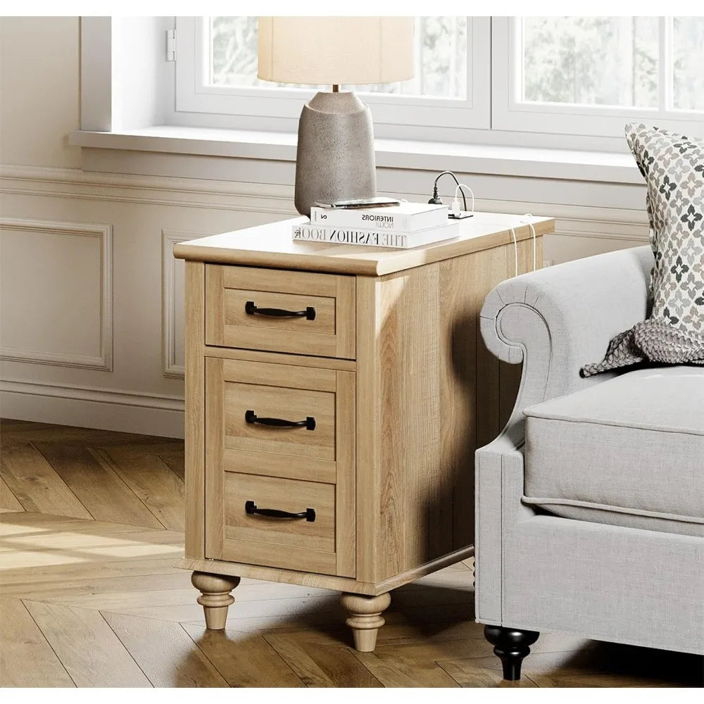 Set of 2 Farmhouse End Tables With Charging Station Drawer