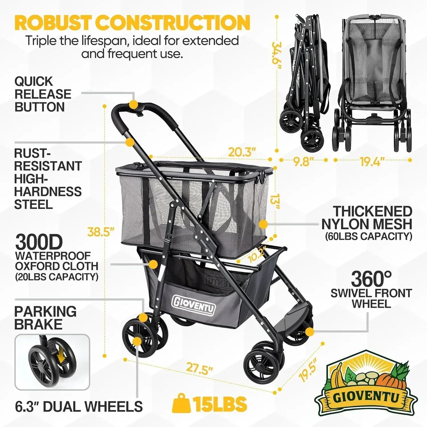 XMSJ Folding Shopping Cart With Wheels 80lb Capacity