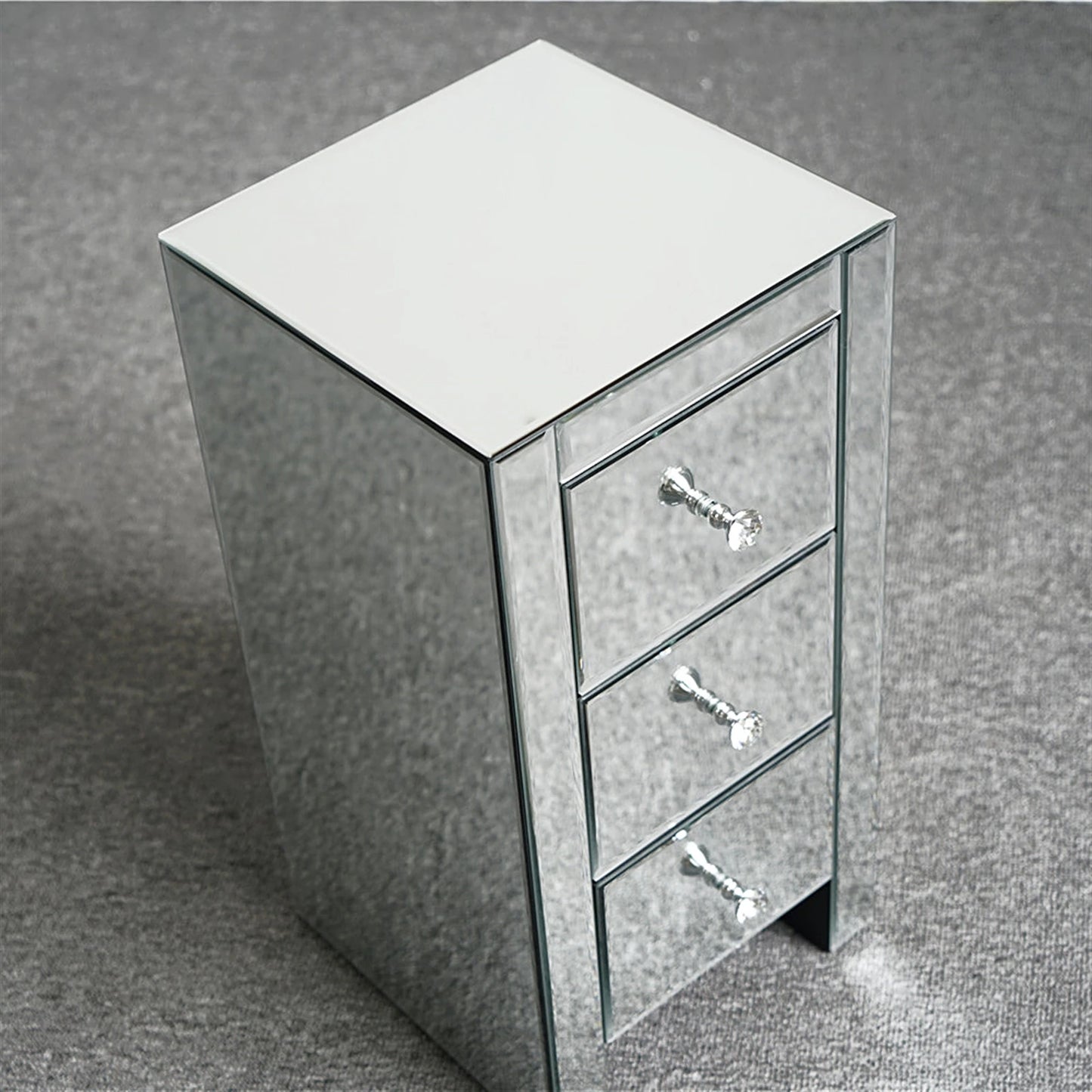 General Use Mirrored Glass Bedside Table with Three Drawers
