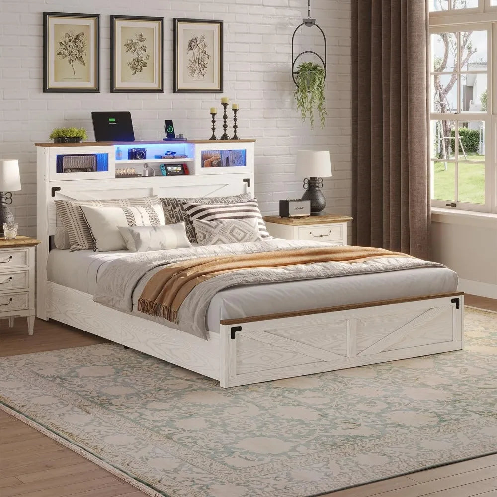 Hignconcerned Farmhouse Bed Frame Queen Bookcase Headboard