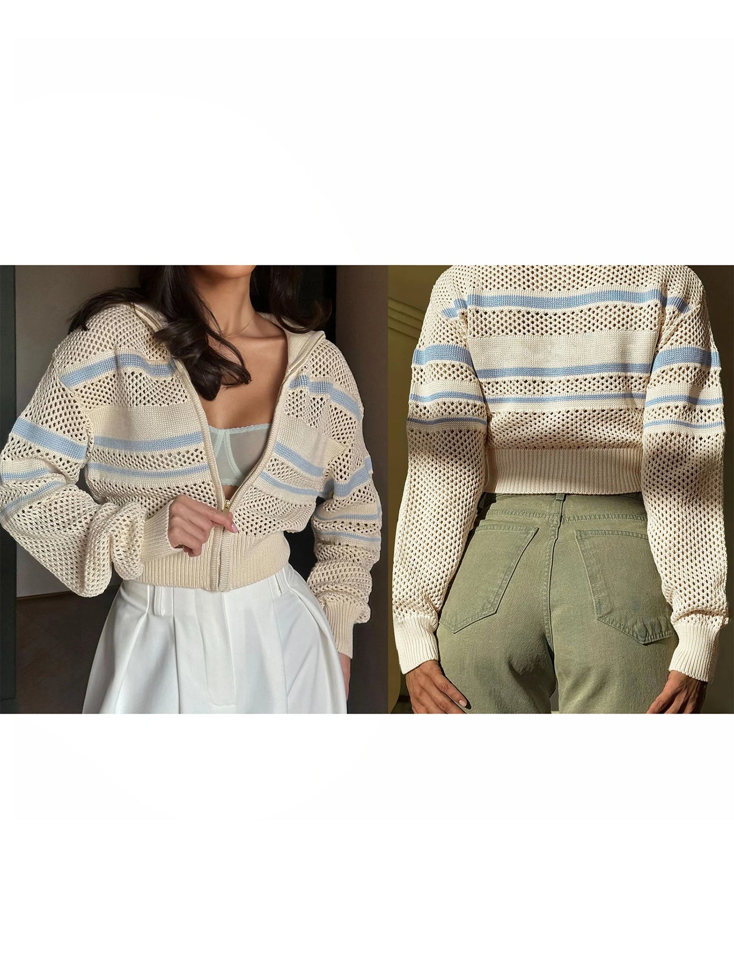 XBTCLXEBCOCN Striped Knit Cardigan Zipper Closure Coat