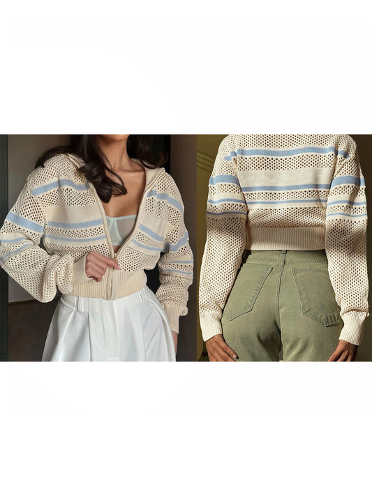 XBTCLXEBCOCN Striped Knit Cardigan Zipper Closure Coat