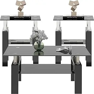 Tempered Glass Coffee Table Set Of 3 Metal Frame Tables