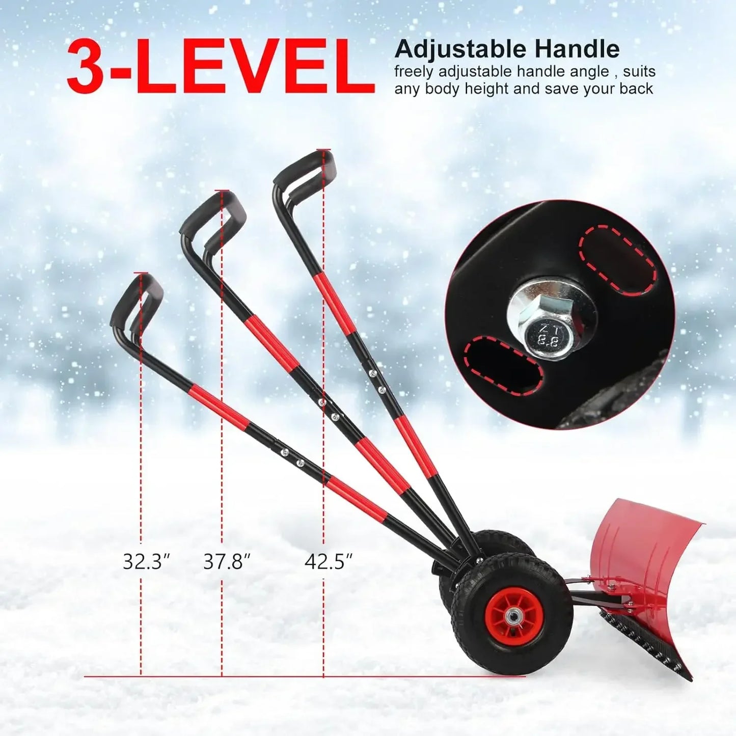 Snow Shovel With Wheels Metal Blade Adjustable Angled Handle