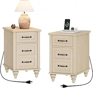 Set of 2 Farmhouse End Tables With Charging Station Drawer