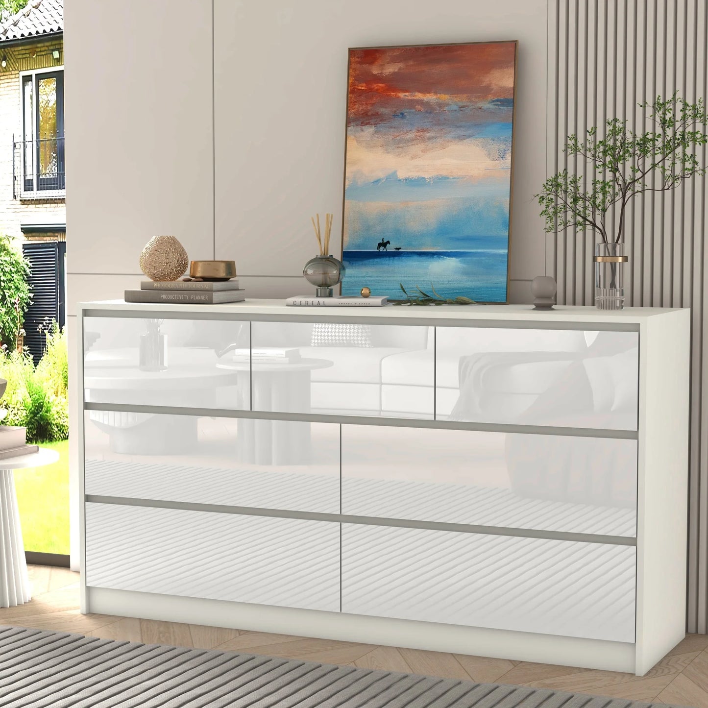 QiaoShiRen 7 Drawer Dresser Modern High Gloss Wood Chest