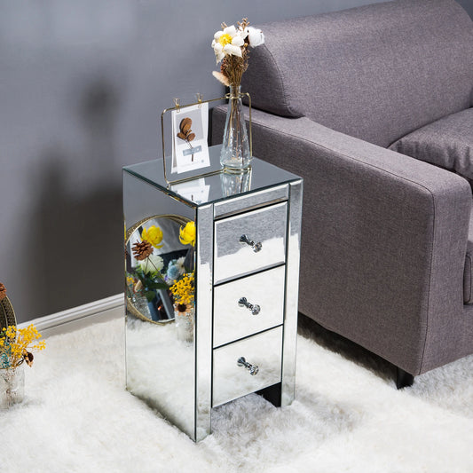 General Use Mirrored Glass Bedside Table with Three Drawers