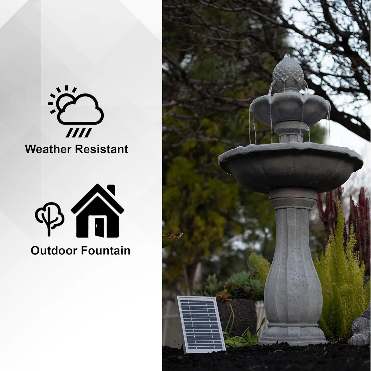 Fiberglass Resin Solar Water Feature With Auto Off Pump Birdbath