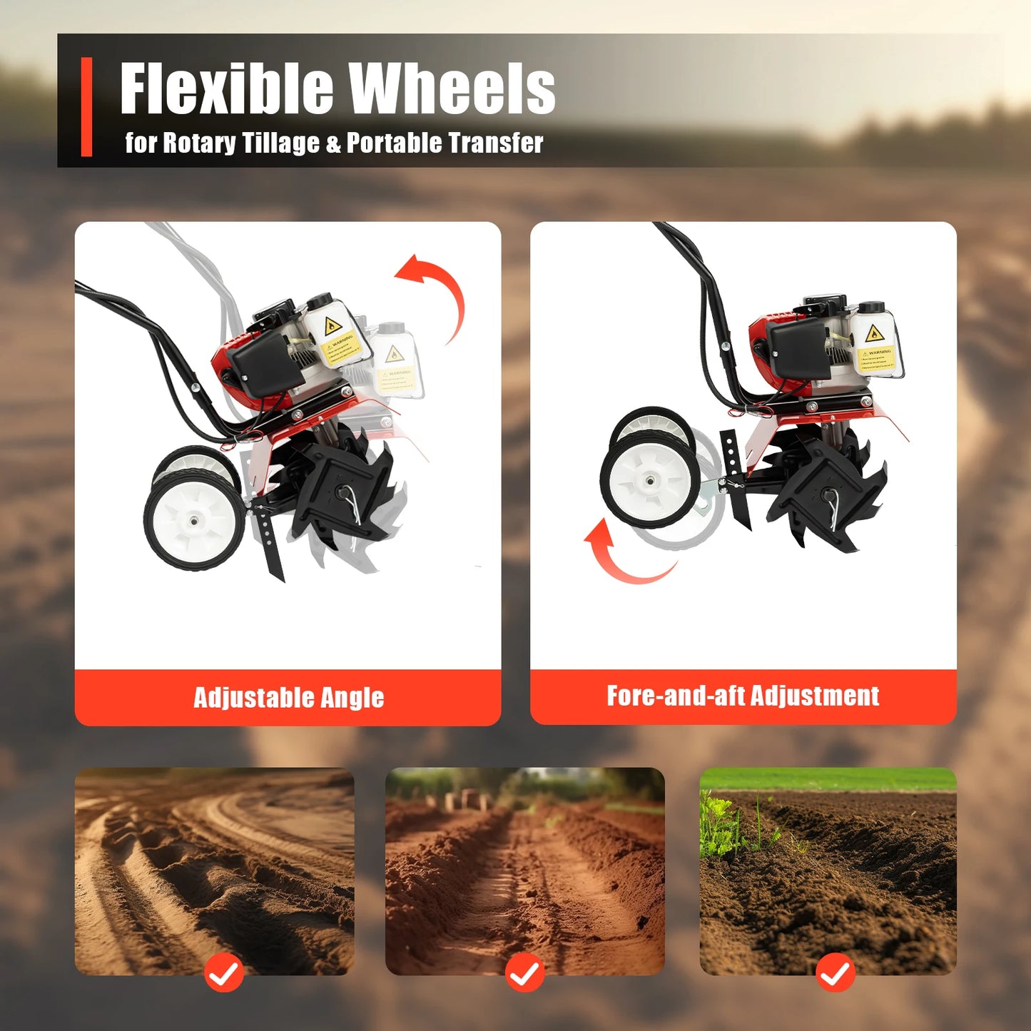 52cc Garden Tiller Petrol Engine 1700W Cultivator Rotovator