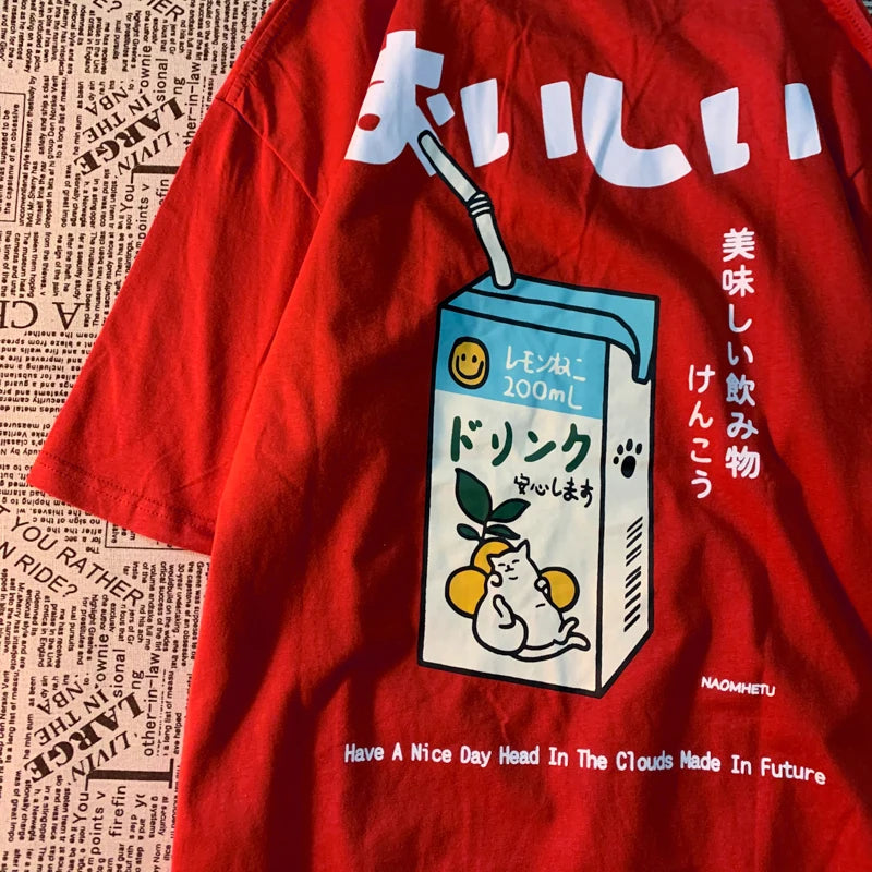 Hampson Lanqecn Cute Japanese Cat Print Tee Shirt Casual