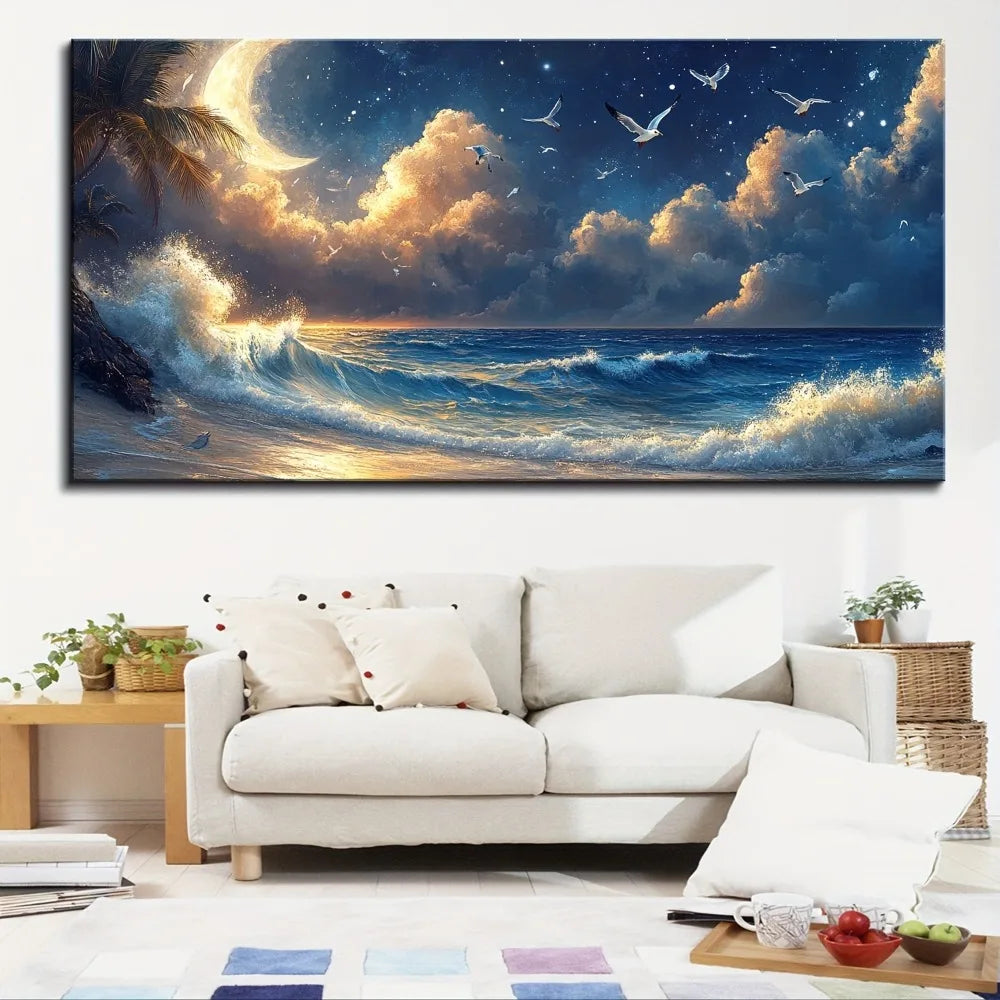 Hign Concerned Pine Wood Frame Moon Ocean Room Decor Mural