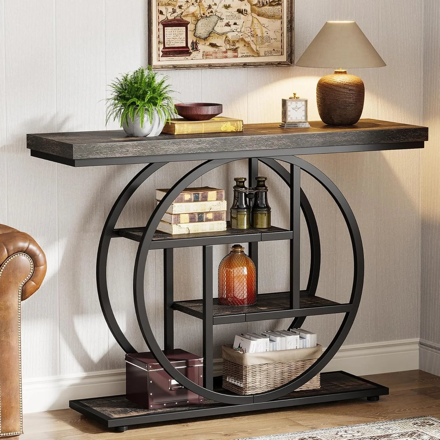 LITTLE TREE Industrial Console Table With Storage Shelves