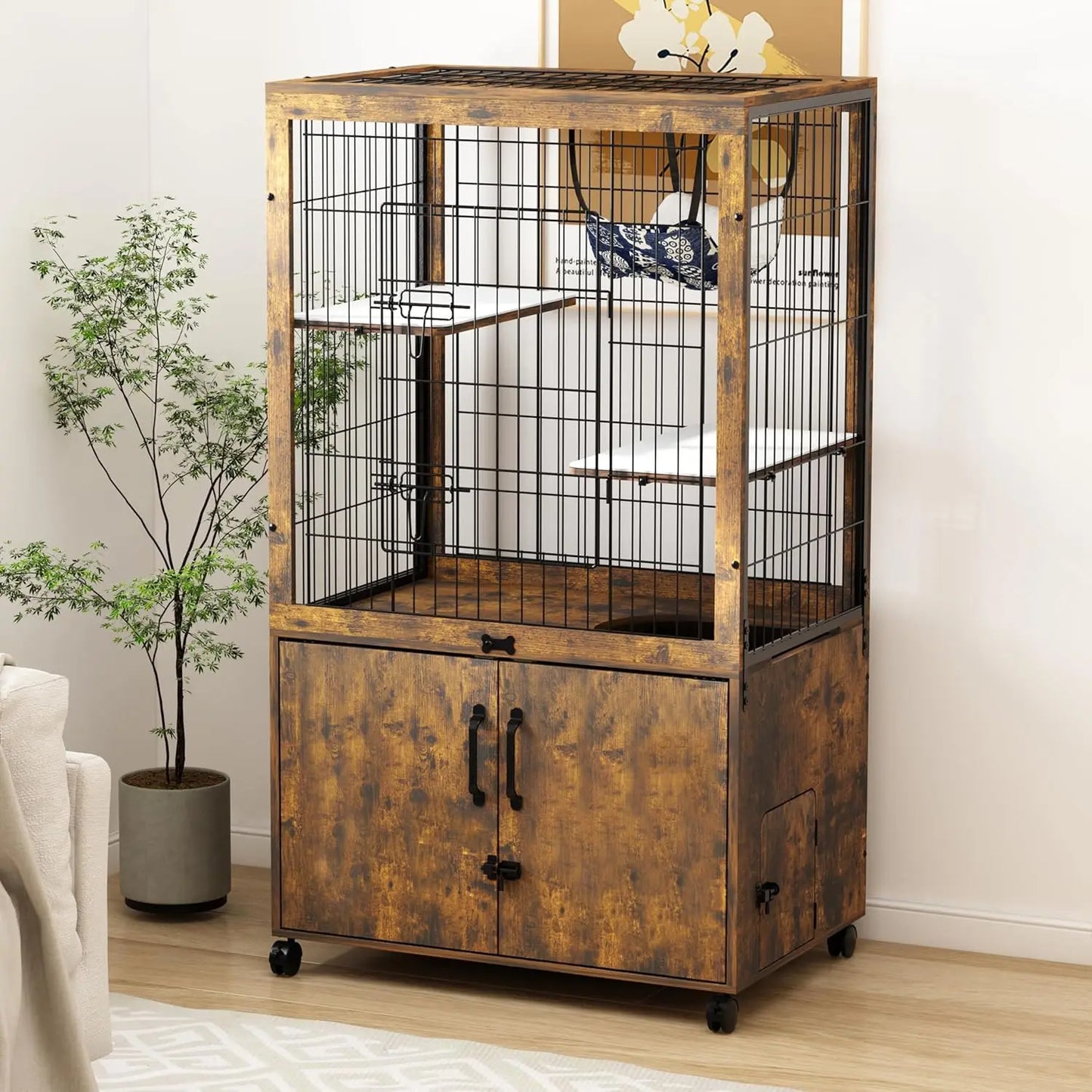 Rustic Indoor Wood Cat Kennel With Hidden Litter Box Enclosure