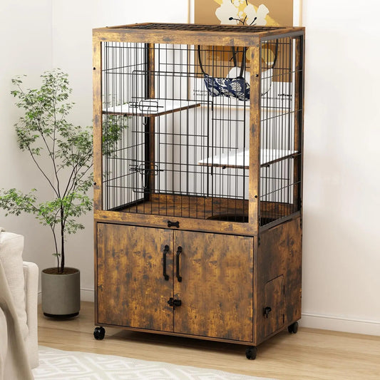 Rustic Indoor Wood Cat Kennel With Hidden Litter Box Enclosure