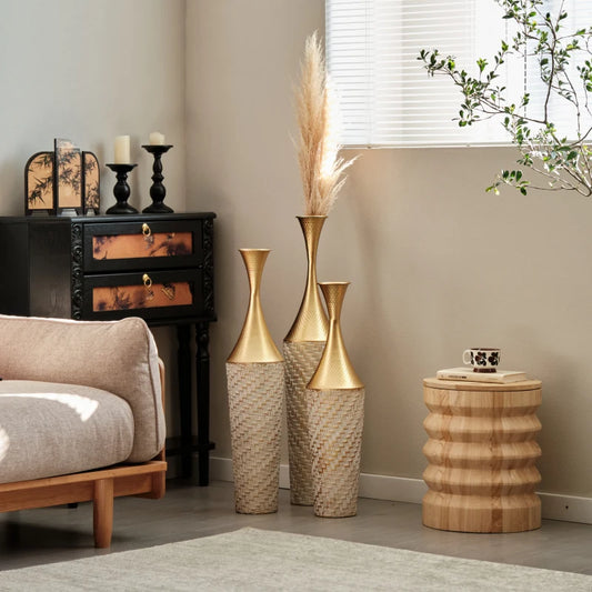 Hign Concerned Floor Metal Vase Woven Pattern 3 Piece Set