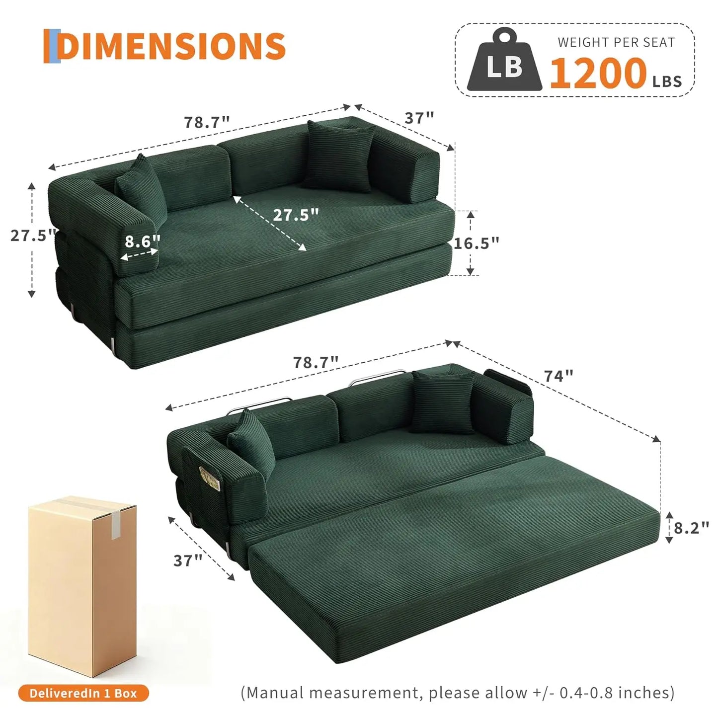 Corduroy Convertible Sleeper Sofa 5 In 1 Fixed Frame