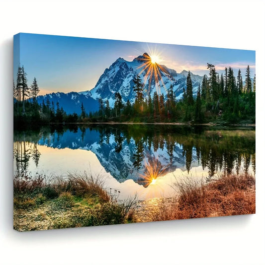 Hign-concerned Sunrise Mountain Wood Frame Wall Art Fabric