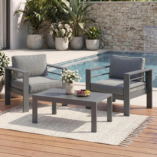 All-Weather Aluminum Patio Sofa Set With Coffee Table And Cushions