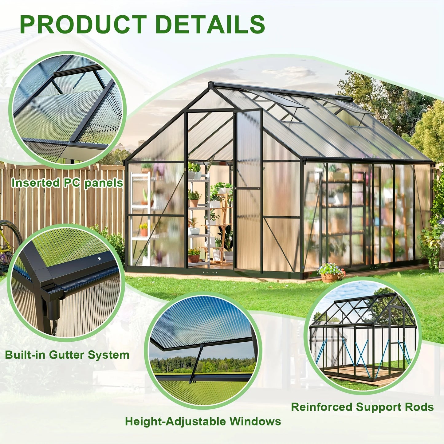 VIWAT Polycarbonate Greenhouse With Aluminum Frame