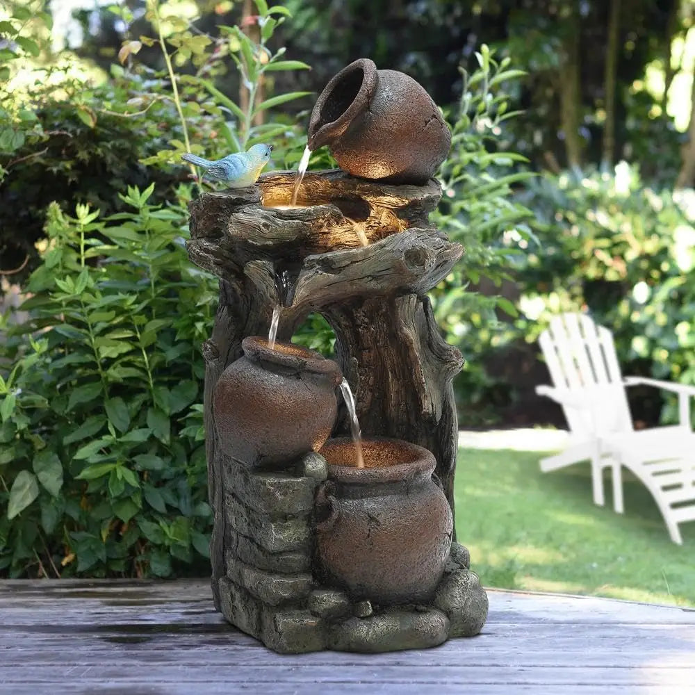 Outdoor Water Fountain Cascading Lights Rustic Garden Decor