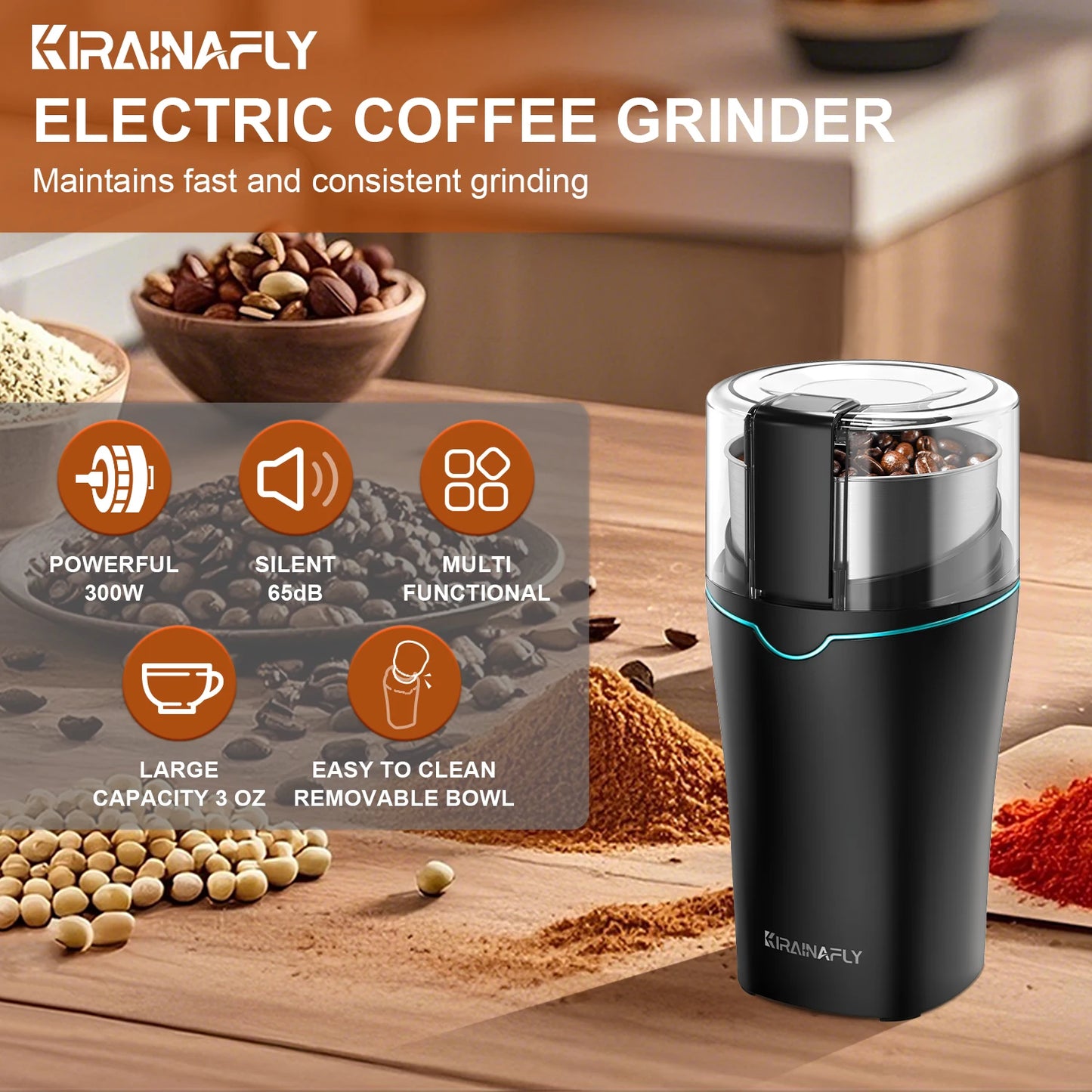 KIRAINAFLY Electric Coffee Grinder 300W With Removable Stainless Steel Cup