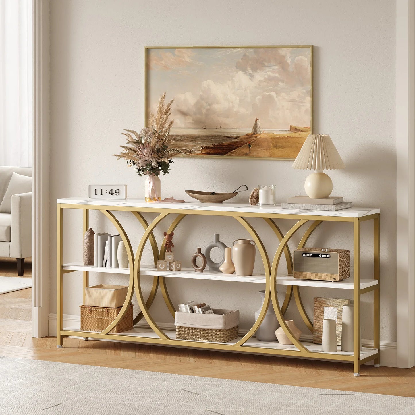Modern Console Table With Three Tier Storage Shelves Entryway