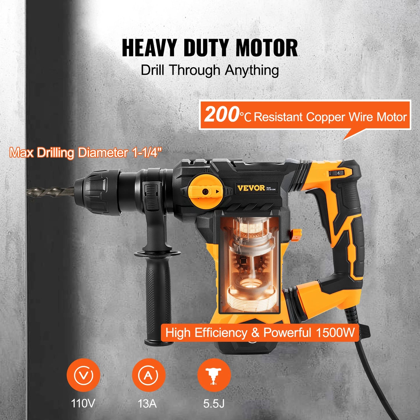 SucceBuy 1500W Corded Rotary Hammer Drill 4 Modes Demolition