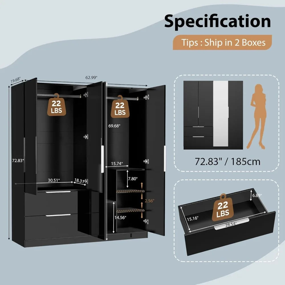 Ticify High Gloss Wardrobe With Mirror Four Doors Drawers