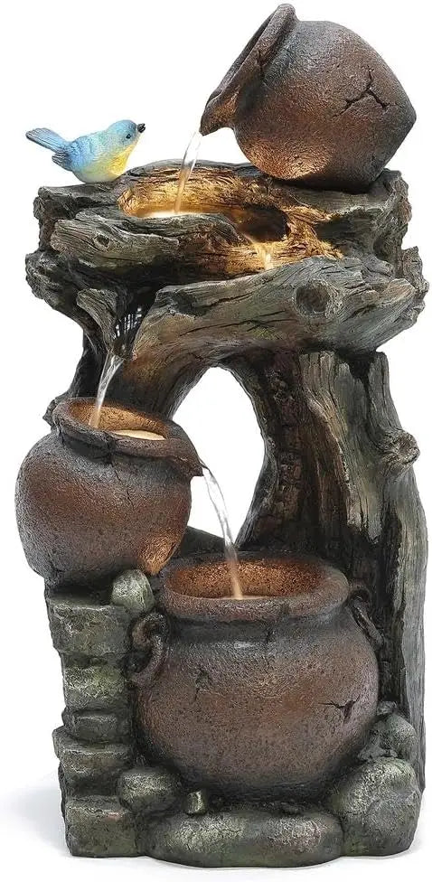 Outdoor Water Fountain Cascading Lights Rustic Garden Decor