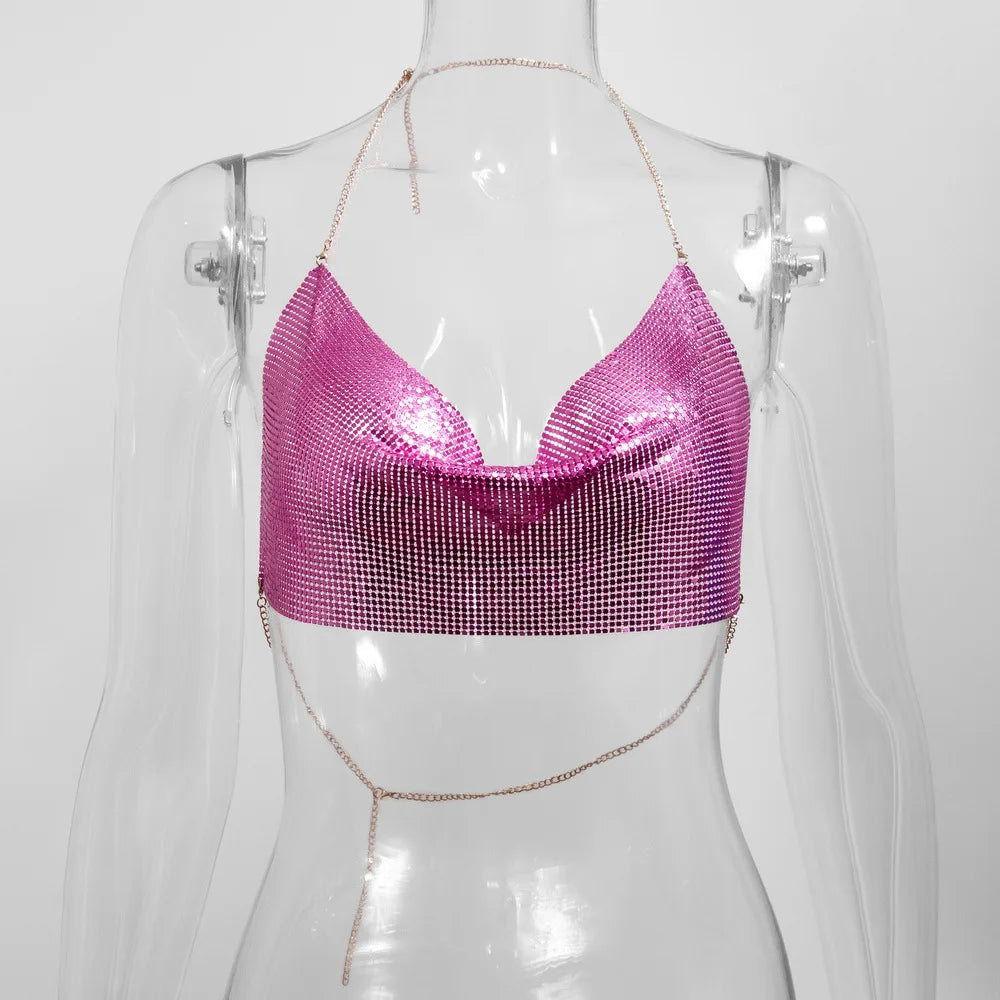 AKYZOCN Metallic Crop Top Women Halter Corset Sequined