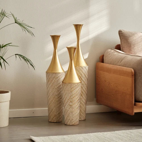 Hign Concerned Floor Metal Vase Woven Pattern 3 Piece Set