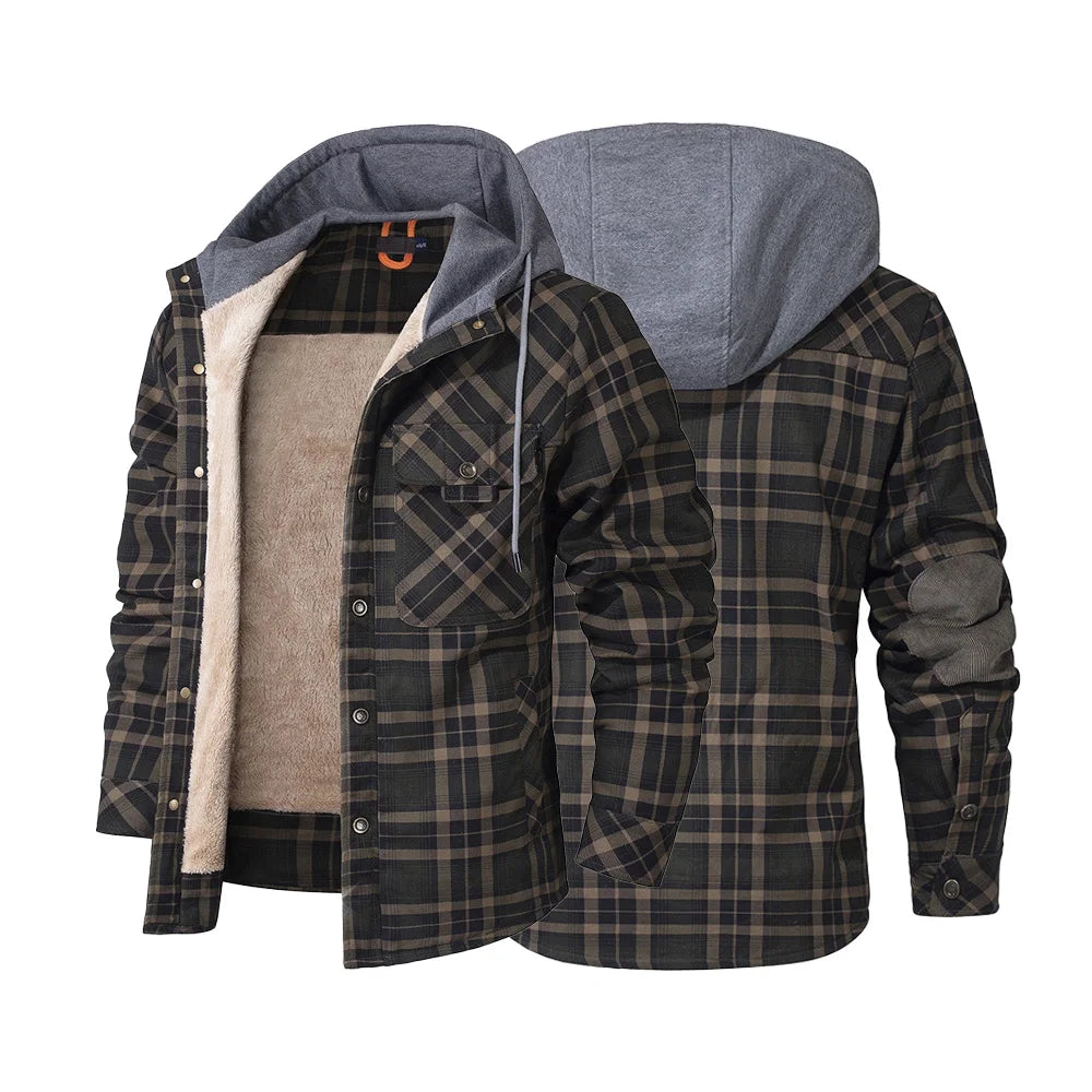Fujian Mens Winter Hooded Coat Sherpa Lined Plaid Flannel Jacket