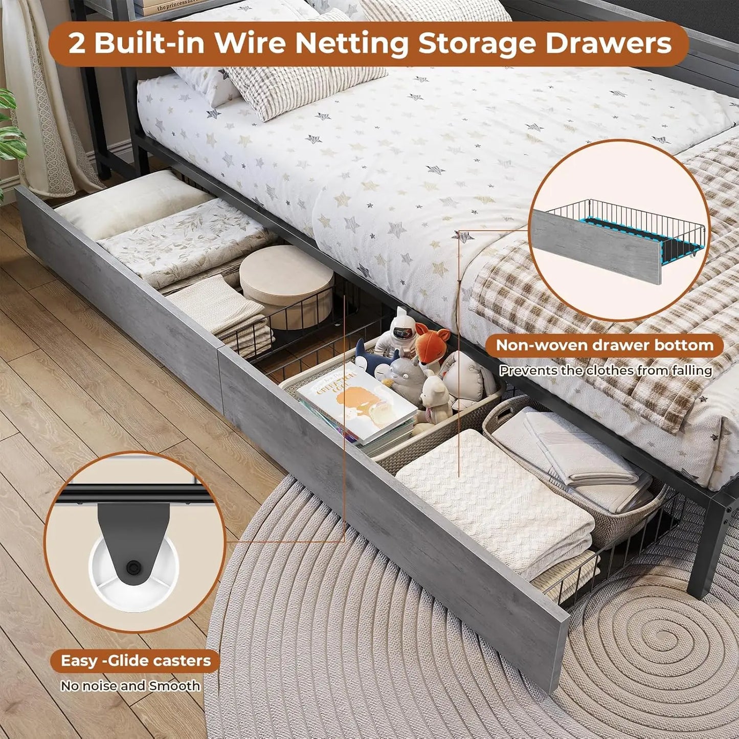 Corner Bed Frame With LED Bookcase Storage And Charging Station