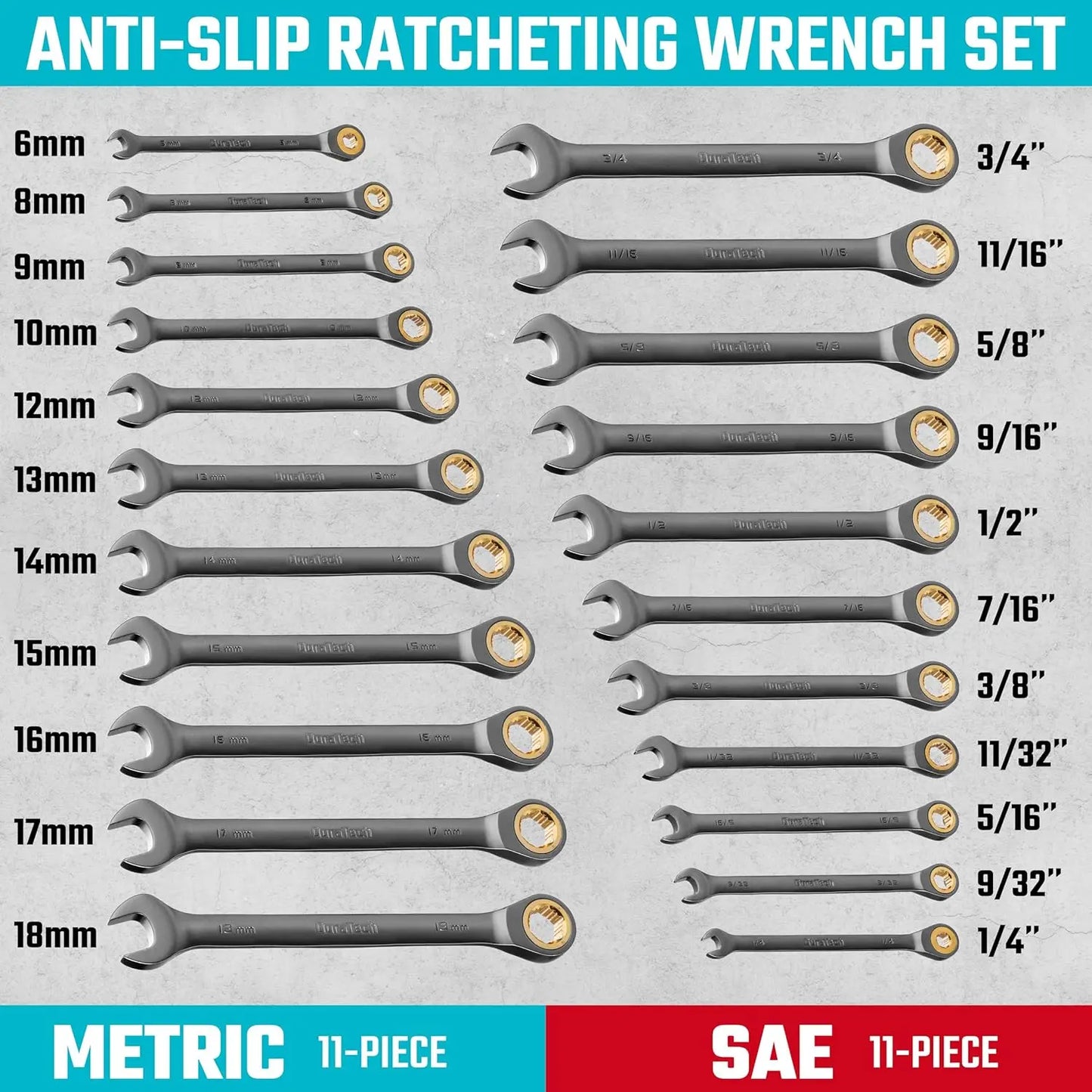 Anti-Slip Ratcheting Wrench Set 22-Piece Metric and SAE CRV Steel