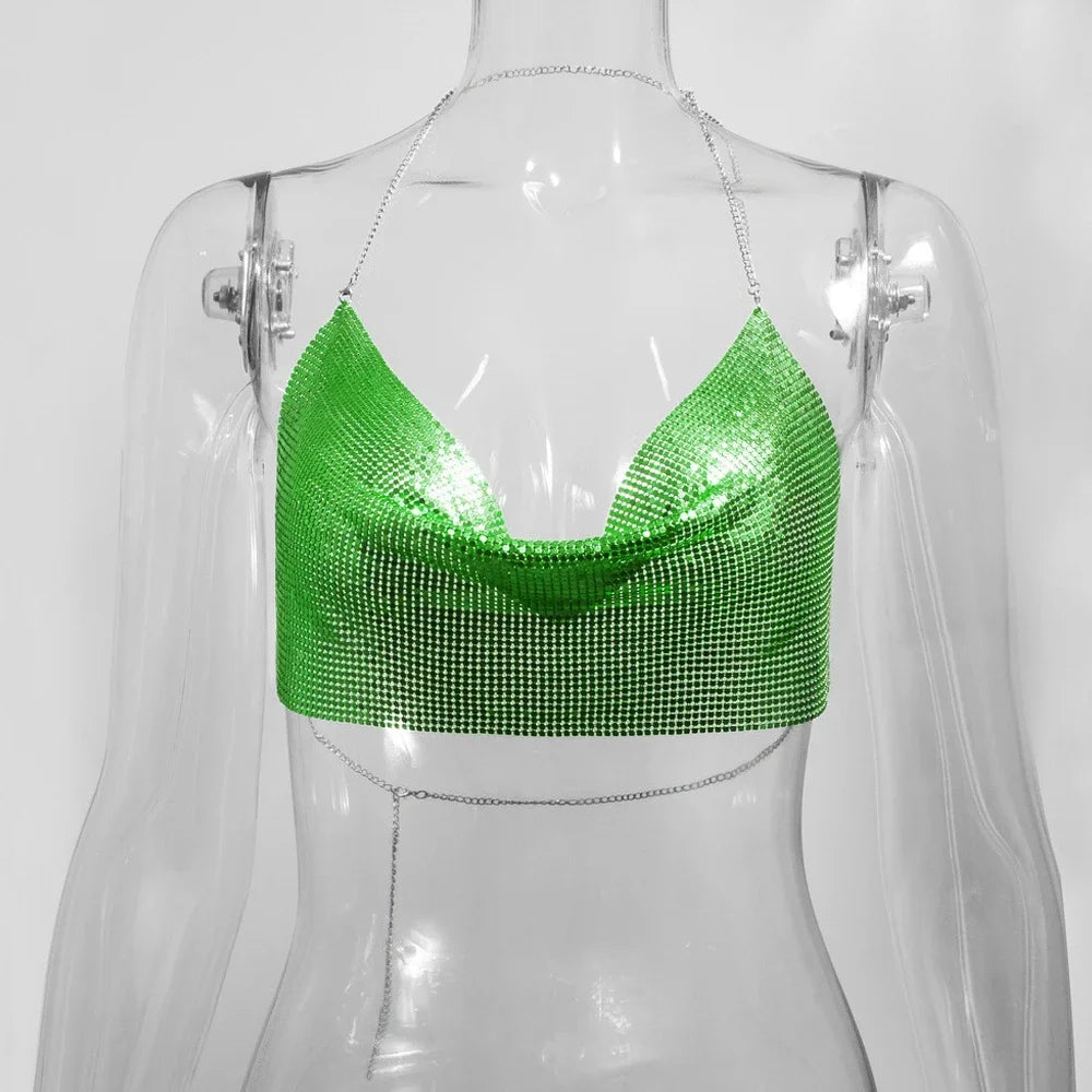 AKYZOCN Metallic Crop Top Women Halter Corset Sequined