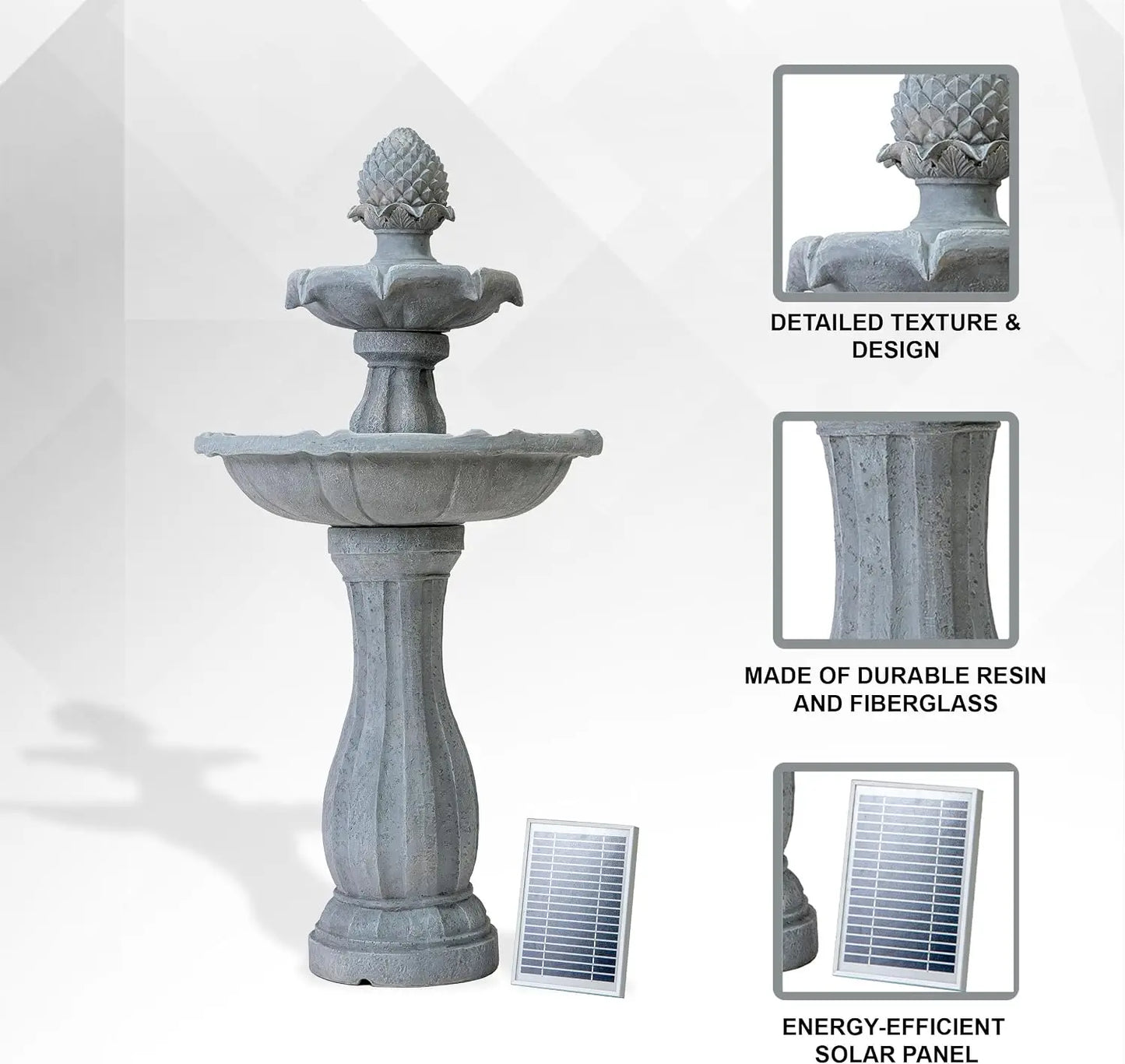 Fiberglass Resin Solar Water Feature With Auto Off Pump Birdbath