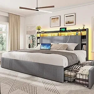 EnHomee Upholstered Bed Frame With Four Storage Drawers
