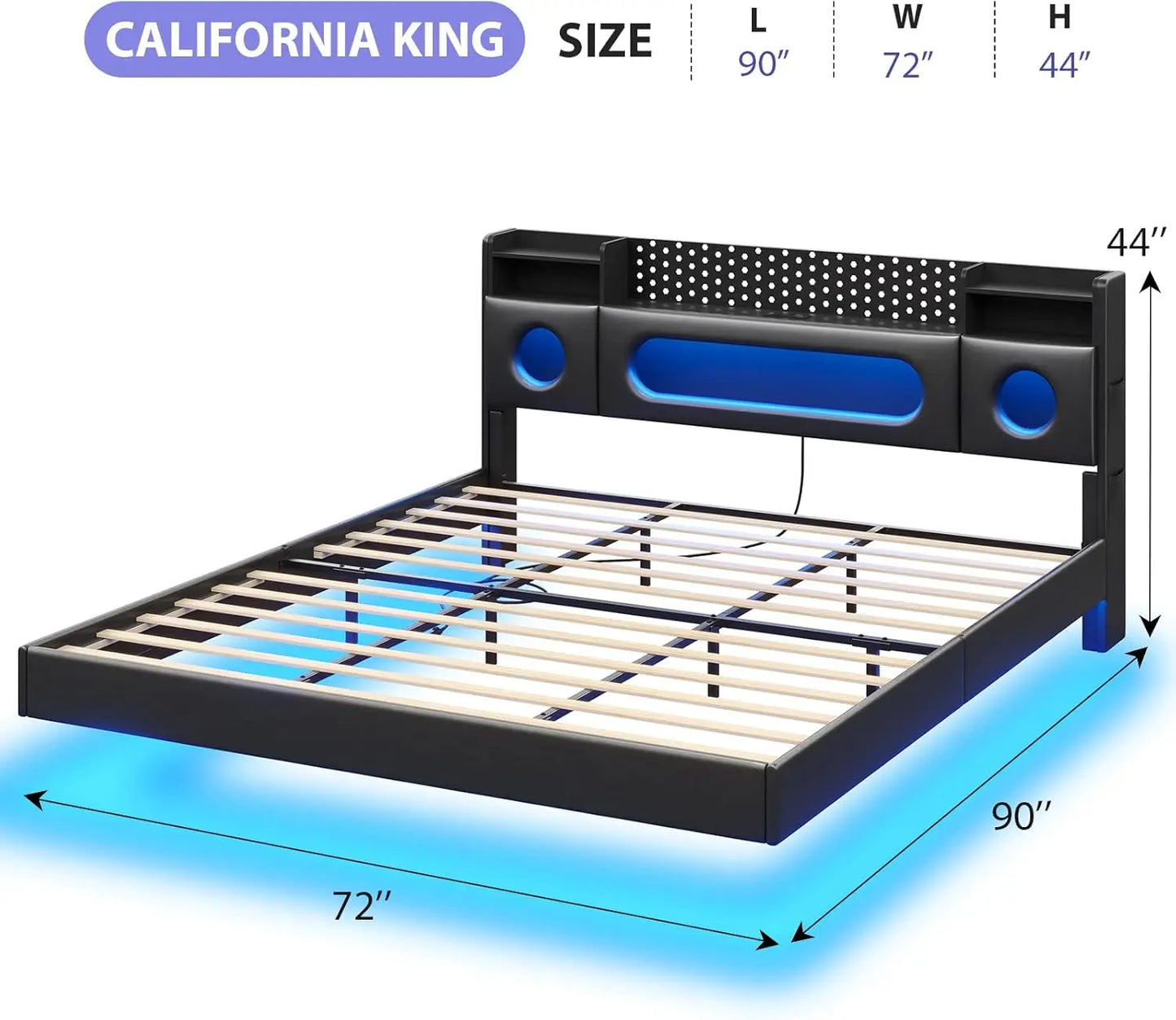 Floating Bed Frame With LED Lights And Storage Headboard