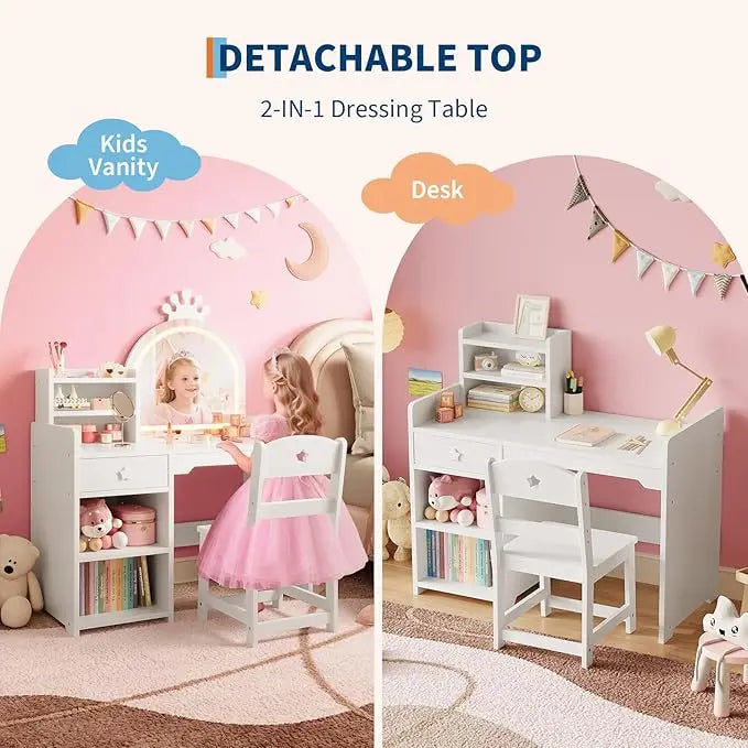 HiMISS Kids Vanity With Lighting 2 In 1 Makeup Desk
