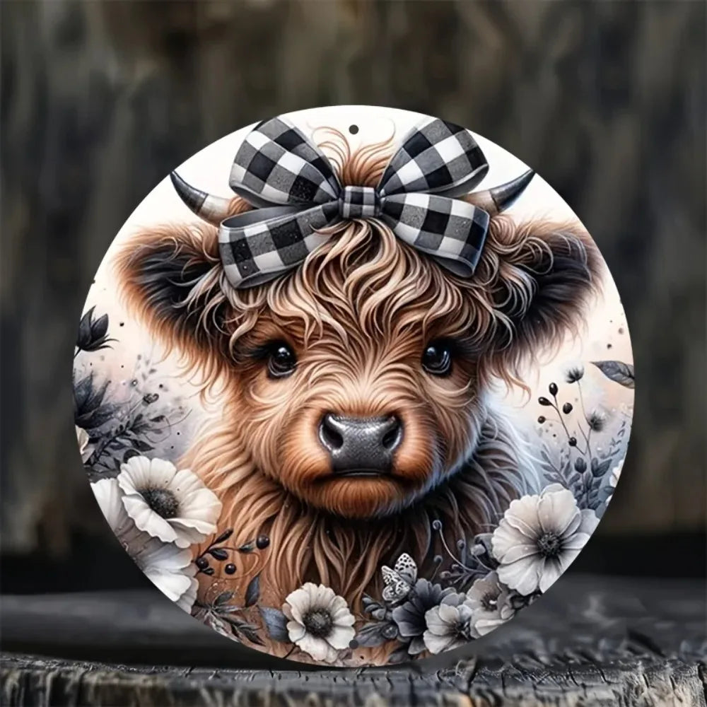 HELLOYOUNG Highland Cow Bow Wreath Aluminum Sign Christmas