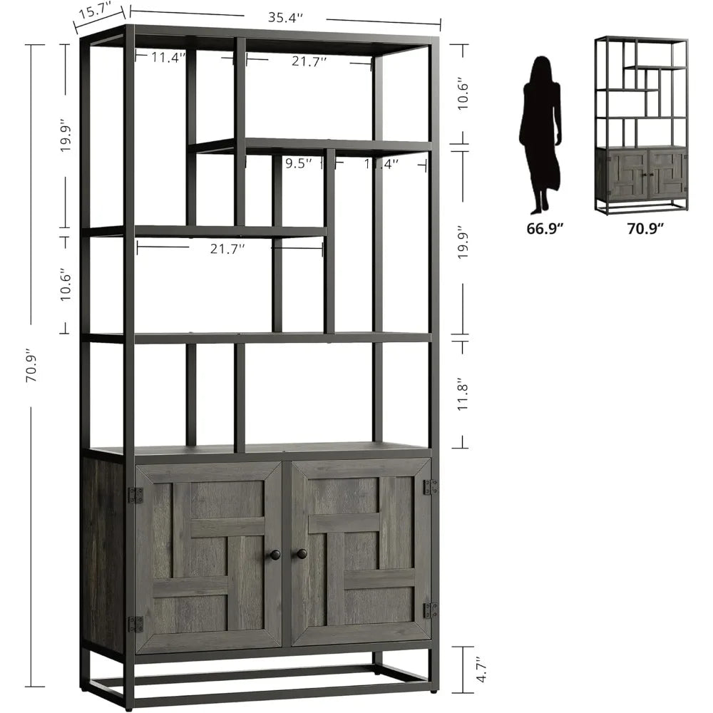 Ironck 6 Tier Tall Bookshelf With Doors Storage Cabinet