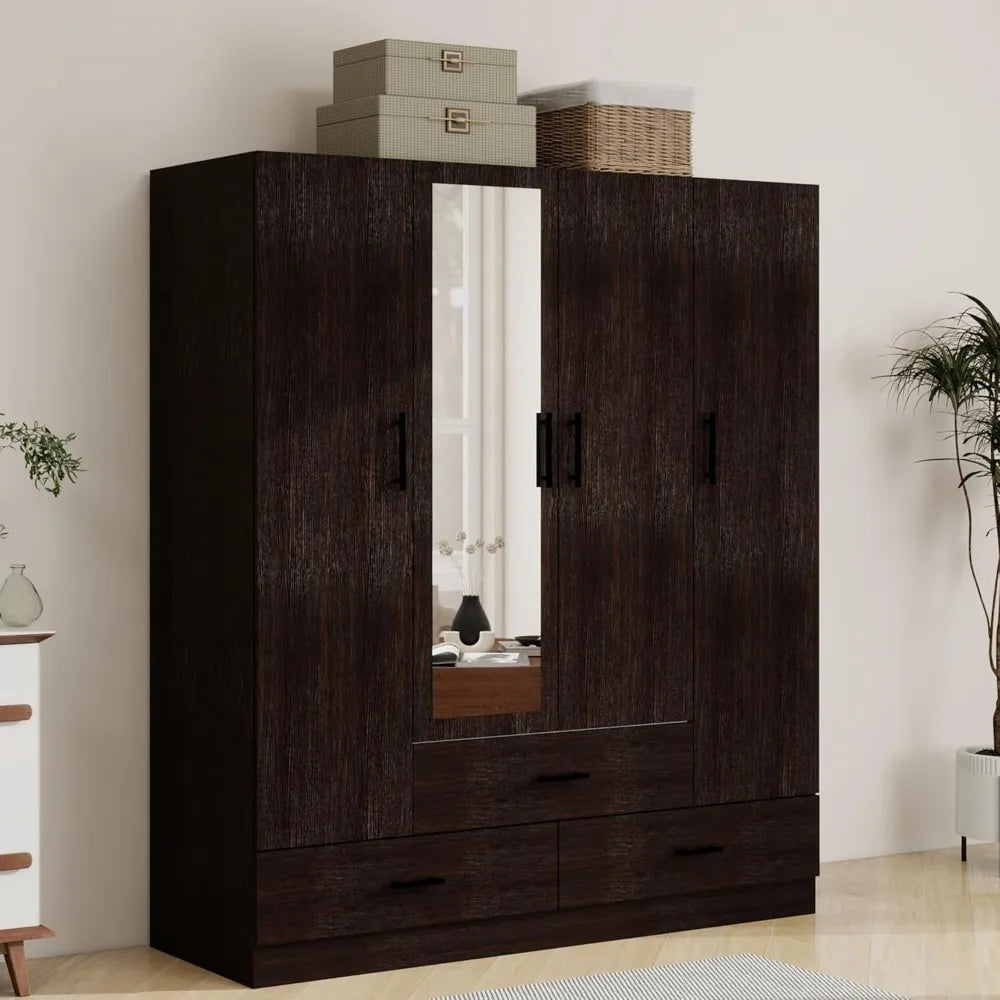 Armoire Wardrobe With 4 Doors 3 Drawers Mirror Hanging Rod