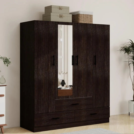 Armoire Wardrobe With 4 Doors 3 Drawers Mirror Hanging Rod